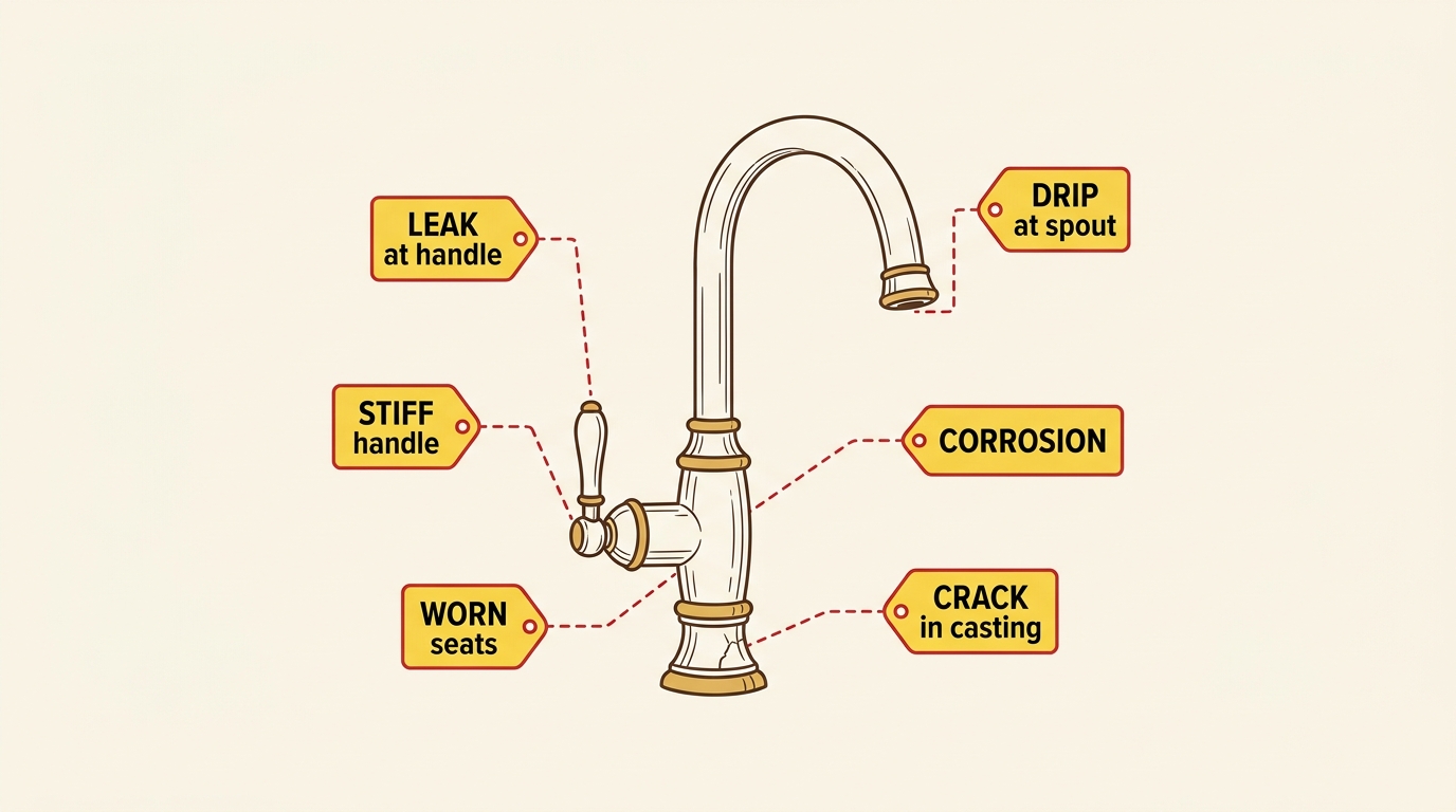 Faucet surrounded by labeled failure modes — leak, drip, corrosion, crack, worn seats, stiff handle